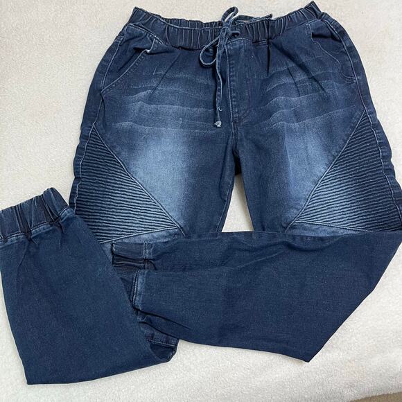 Almost Famous Wimen’s Jogger Denim Jeans Sz Large Elastic/Drawstring Distressed - Picture 1 of 8